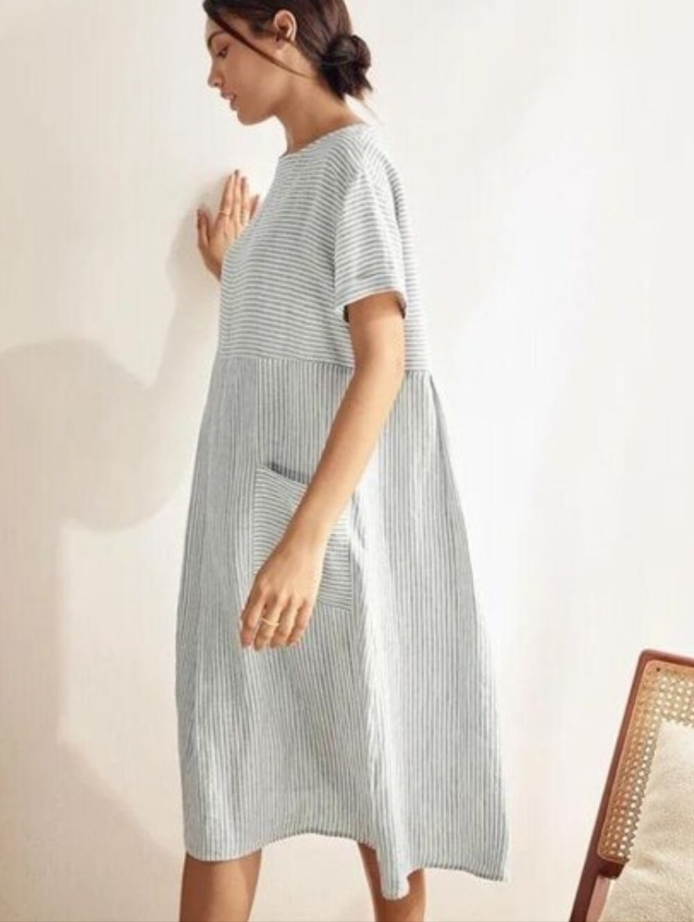 LINTICO Morgan 100% Linen Blue Stripe Midi Dress XL Relaxed A-Line Coastal - Picture 6 of 16